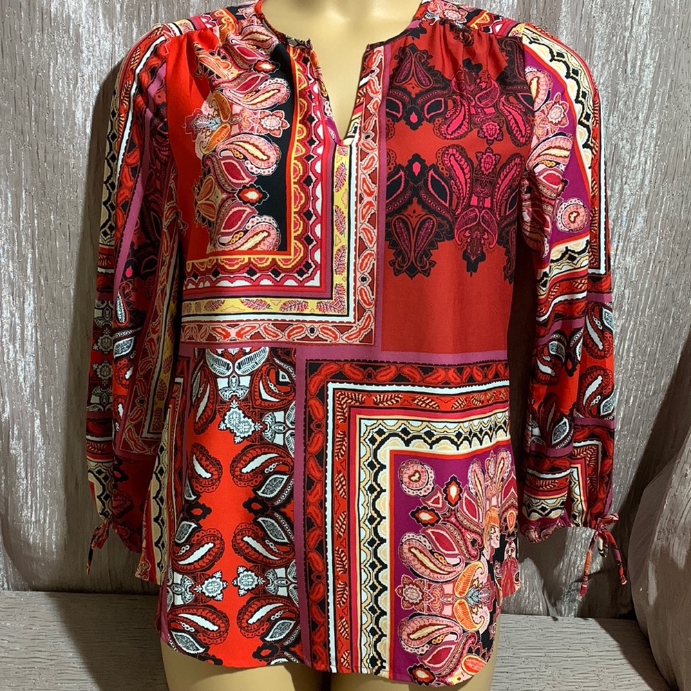 Chico's Top Blouse Red Black  Cream Yellow Paisley Size 0 S 4